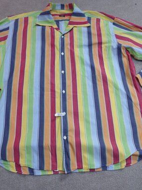 Maus & Hoffman Shirt XL Blue Yellow Green Striped Camp Collar Made In Italy